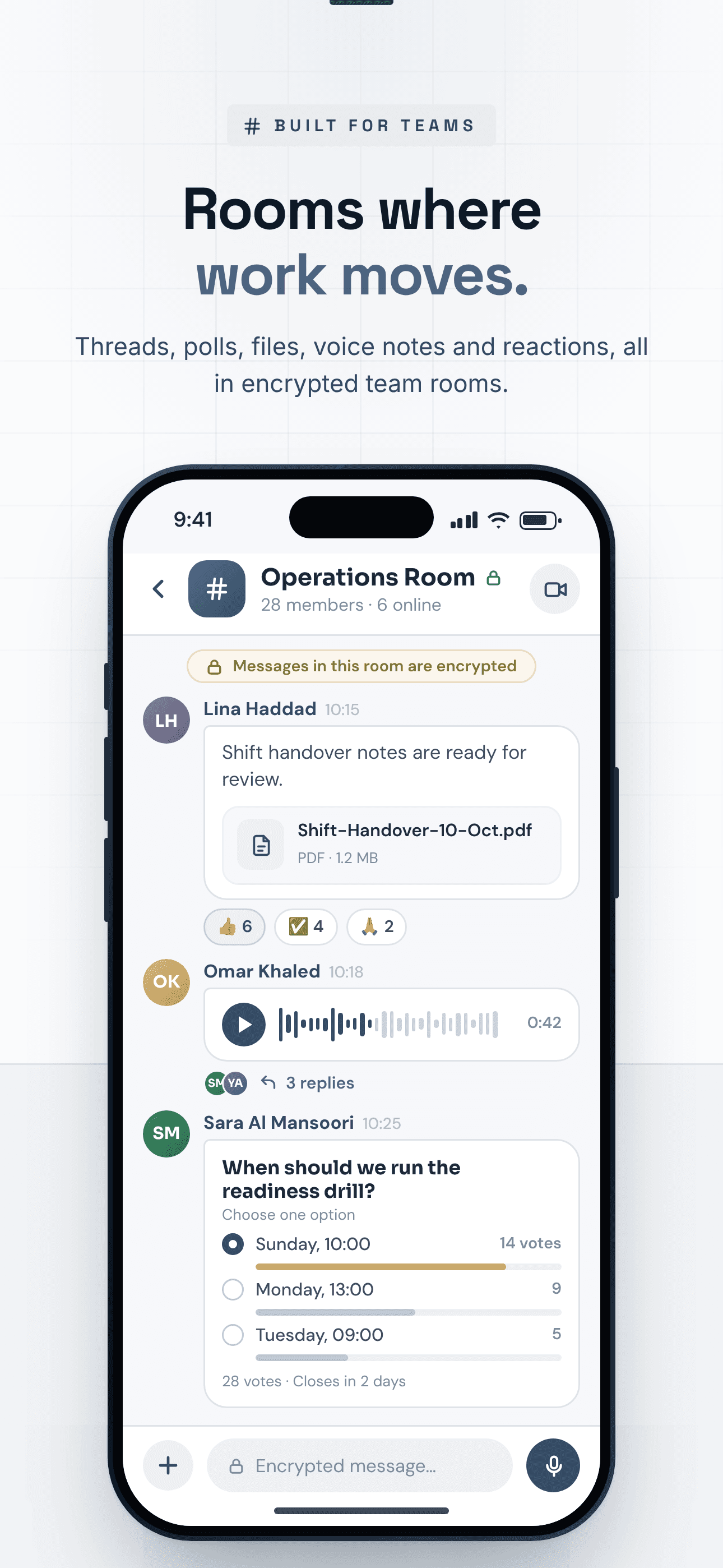 Team rooms with threads, polls, files and voice notes