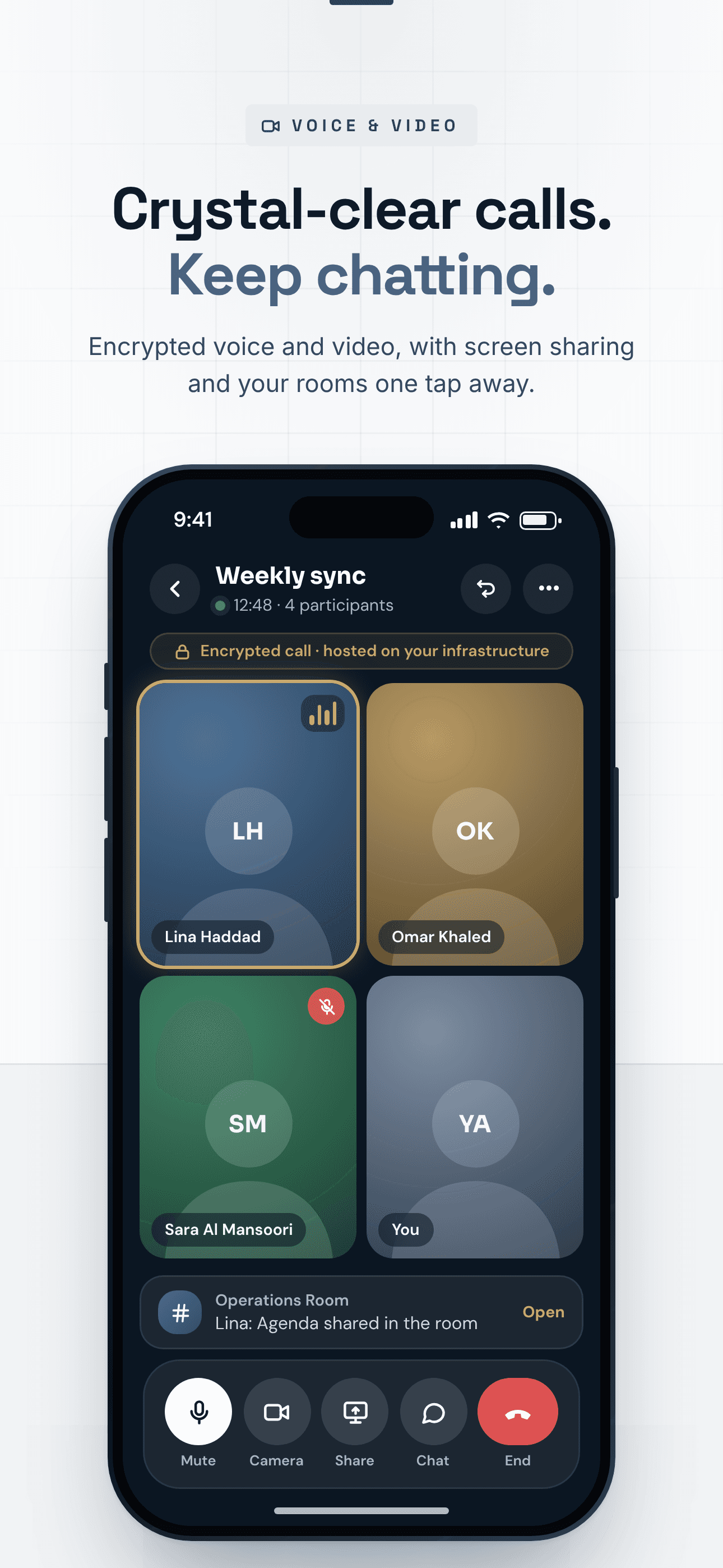 Encrypted voice and video calls with screen sharing