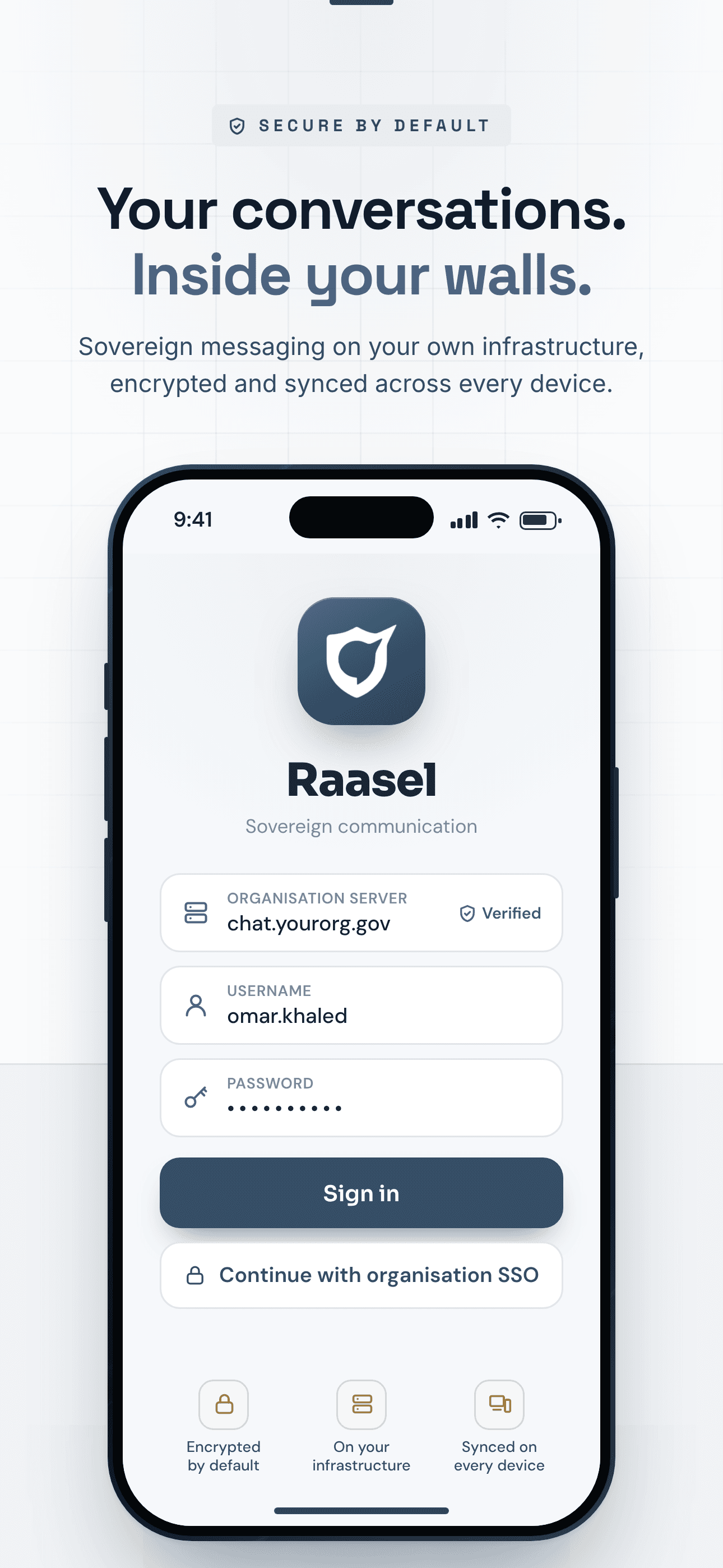 Raasel sign-in: secure by default, on your organisation's own server